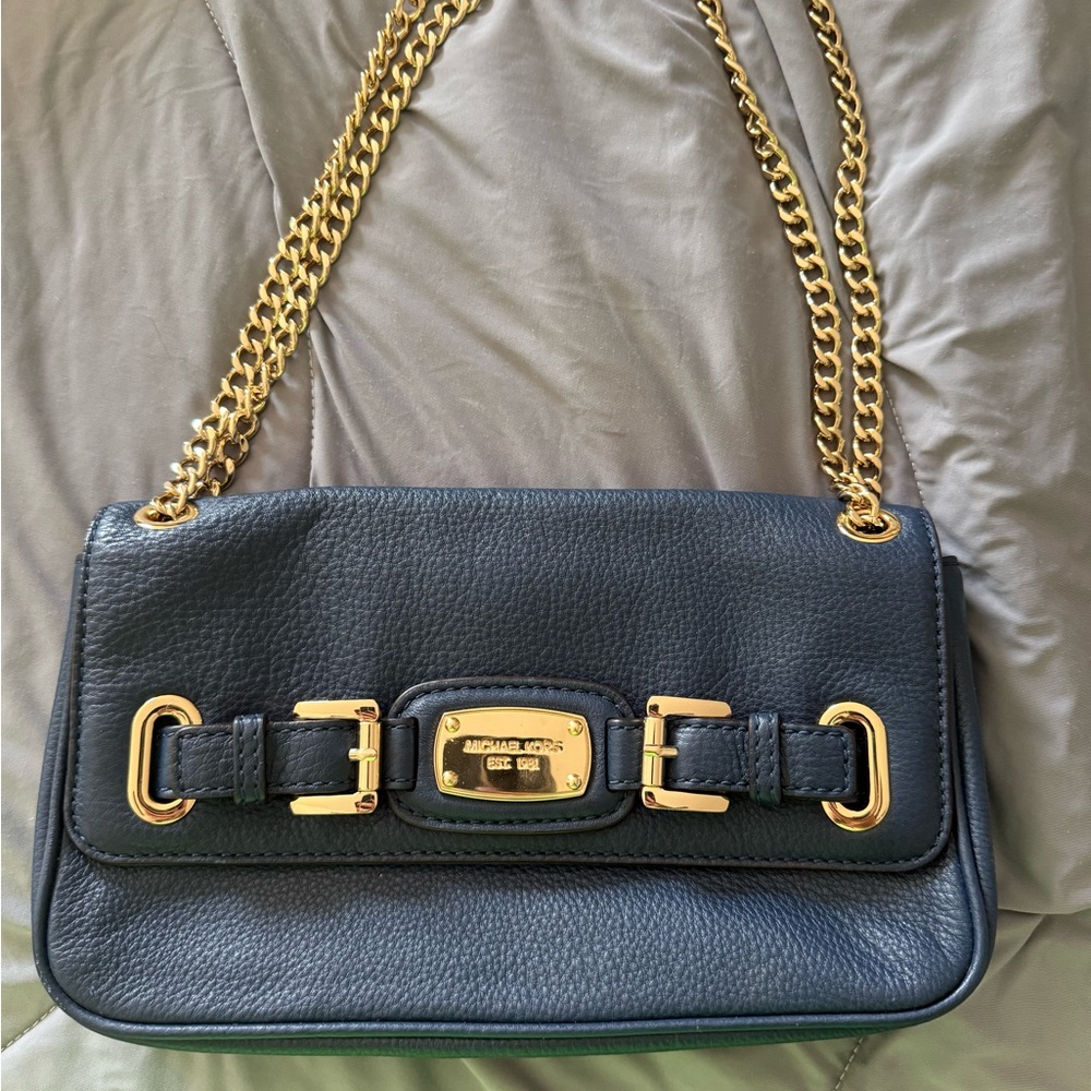 Michael Kors Blue and Gold Shoulder Bag with Elegant Chain Detailing
